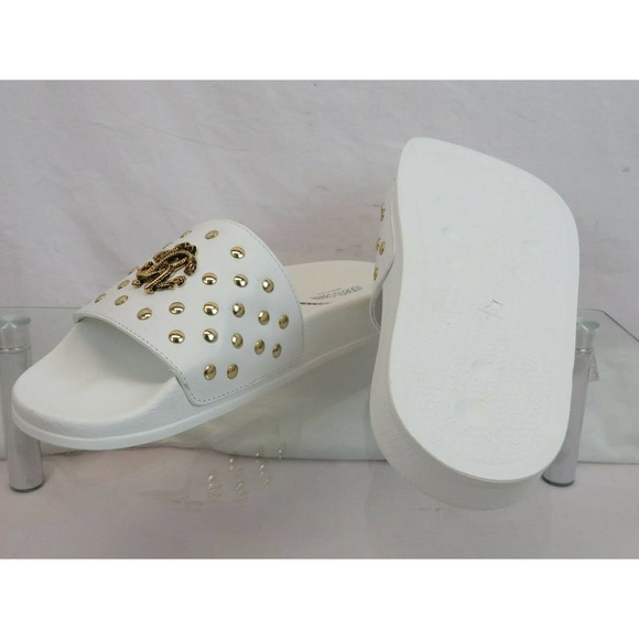 ROBERTO CAVALLI WHITE LEATHER SNAKE MEDALLION LOGO STUDS SANDAL 42.5 / 9.5 ITALY - Picture 6 of 12